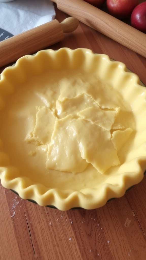 A golden brown pie crust on a wooden table, ready for filling, with fresh fruits and a rolling pin.